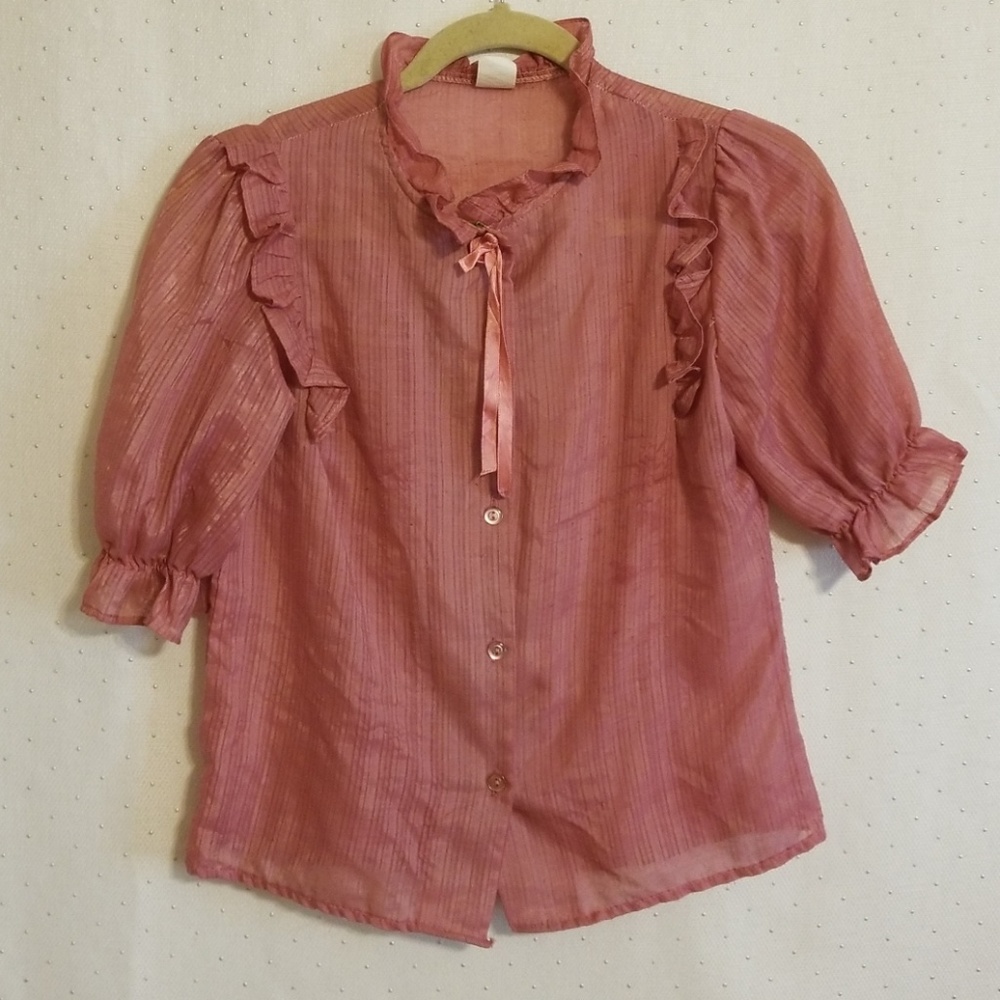 Vintage retro 70s Pink Ruffle high neck tie shirt blouse doen style XS 0 2